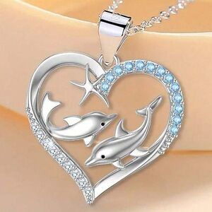 Silver Dolphin Heart Pendant Necklace, Dolphin Necklace